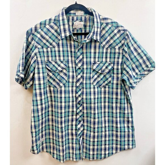 7 Diamonds Shirt Mens XXL Pearl Snap Short Sleeve Plaid Western Retro Green/Blue - Picture 13 of 15